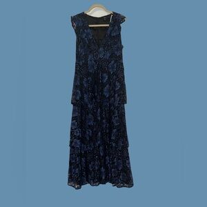 Molinetto Navy Blue Lace Ruffled Tiered Sleeveless Maxi Dress